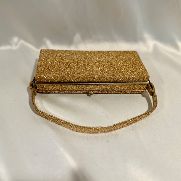 60s Gold Glitter Frame Handbag Vintage Disco Gogo Evening Bag Purse - Picture 2 of 5